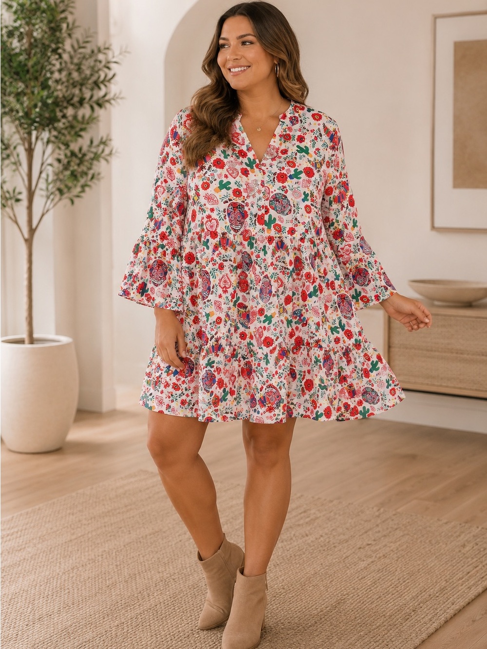 Boho Folklore Tiered Mini Dress 3XL Sugar Skull Cactus Floral Fiesta Babydoll